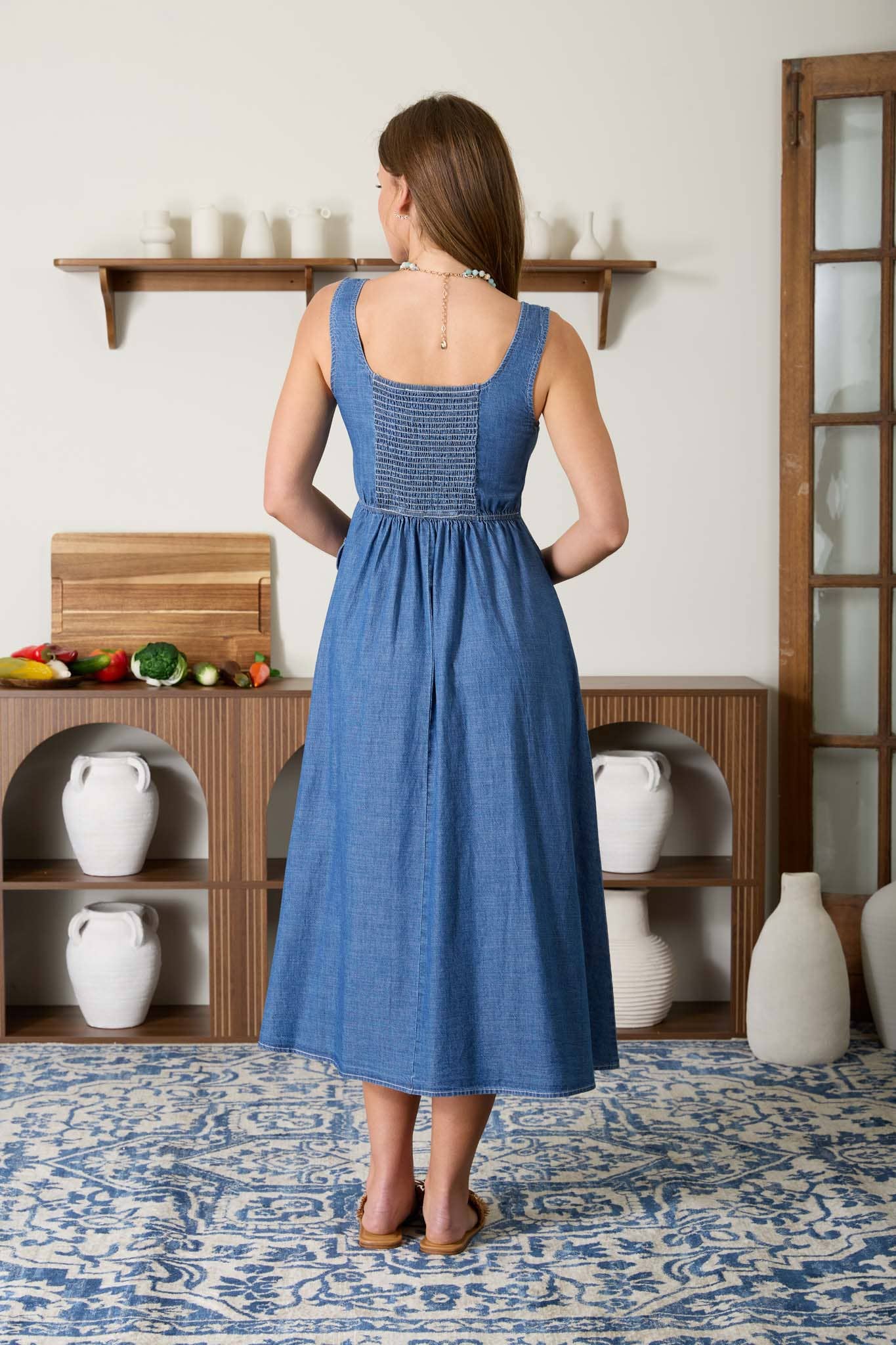 SCOOP NECK SLEEVELESS BUTTON DOWN DENIM MIDI DRESS
