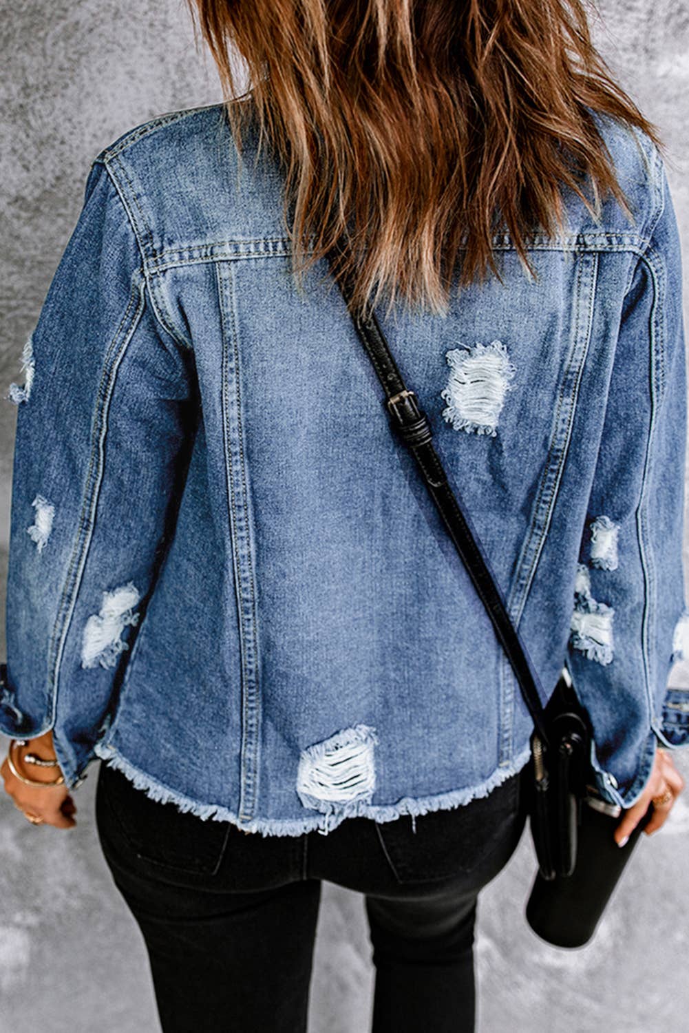 Lapel Distressed Raw Hem Buttons Denim Jacket