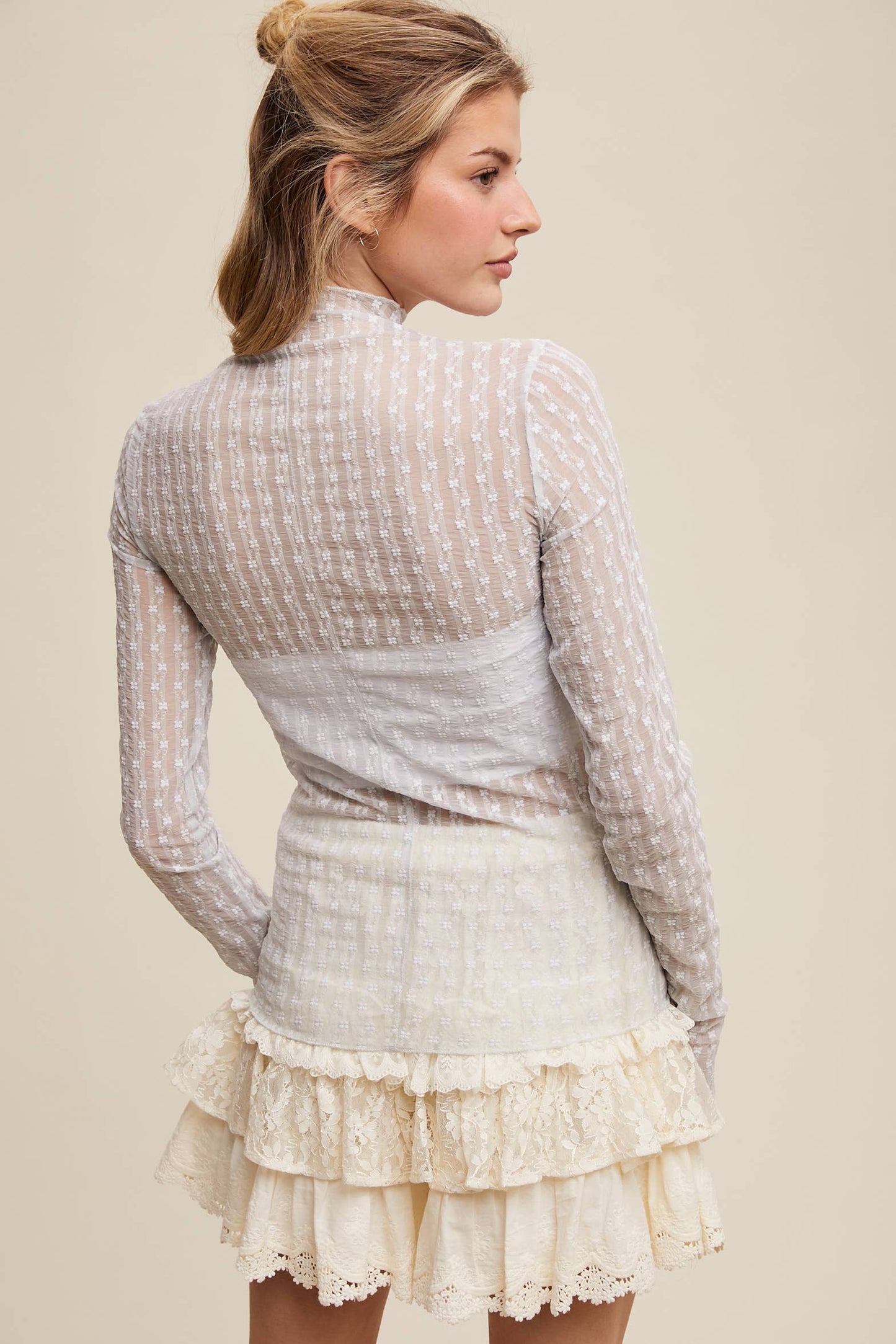 Semi Sheer Textured Lace Long-Sleeve Layering Top