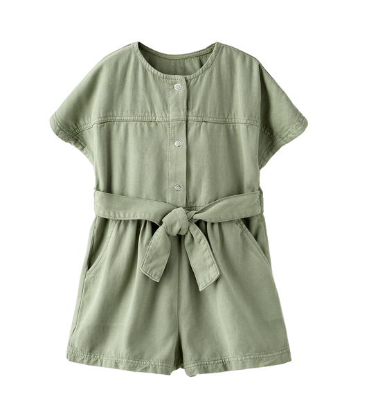 GIRLS S/S ROMPER ROUND NECK FRT SNAP BUTTON W BELT
